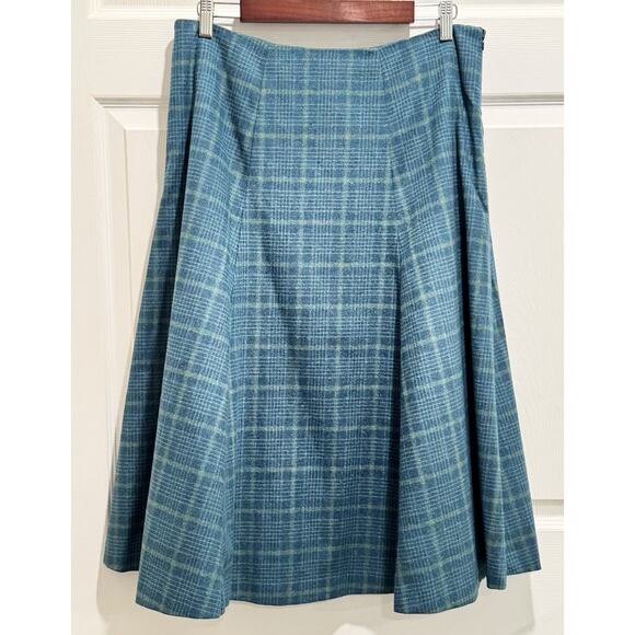Norm Thompson Wool Blend A-Line Flare Teal Green Plaid Midi Skirt Size 14 - Picture 1 of 6